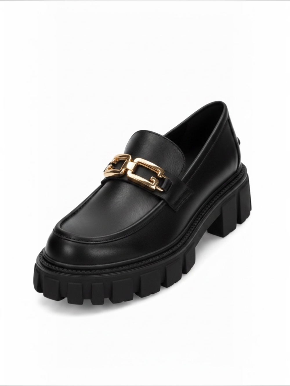Lattelier Black Leather Platform Loafers with Chunky Sole Gold Chain - Size 7